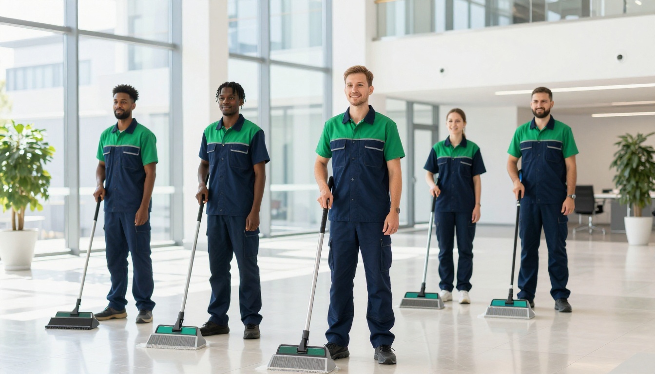 Das BERGO-Team in professioneller Arbeitskleidung vor weißen Firmenfahrzeugen